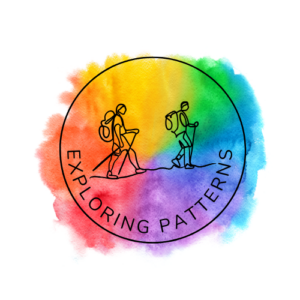 This is a logo for Exploring Patterns, with two people made of simple lines, hiking and a ranbow colored watercolor space. The text Exploring Patterns is at the bottom of the circle that sounds the hikers.