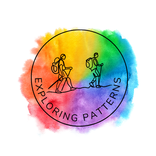 This is a logo for Exploring Patterns, with two people made of simple lines, hiking and a ranbow colored watercolor space. The text Exploring Patterns is at the bottom of the circle that sounds the hikers.